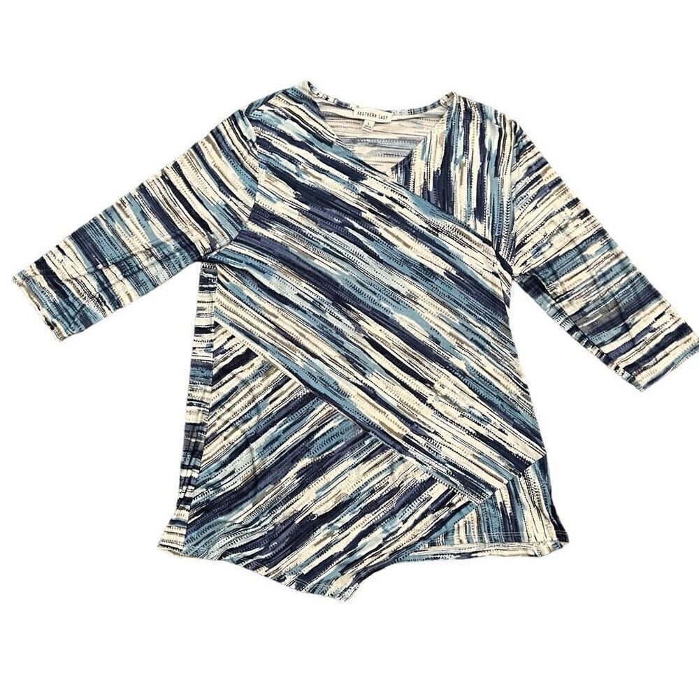 SOUTHERN LADY Blue, White, & Grey Patterned 3/4 Sleeve Blouse Size L
